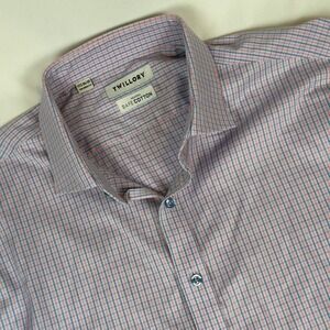 Twillory Mens 17.5 34/35 Tailored‎ Fit Pink Blue Plaid Dress Shirt Non Iron